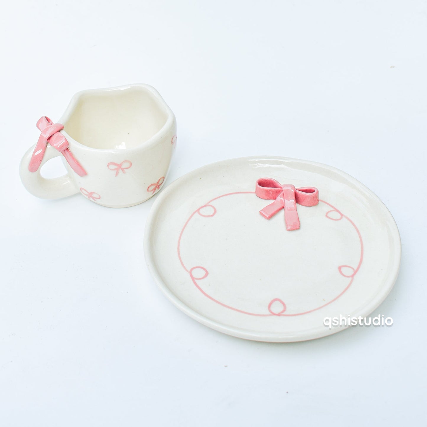 Serving Plate | Ceramic 3D Bow | Set of 2, Pink, 7 Inches
