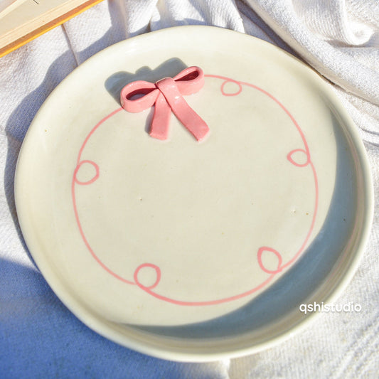 Serving Plate | Ceramic 3D Bow | Set of 2, Pink, 7 Inches