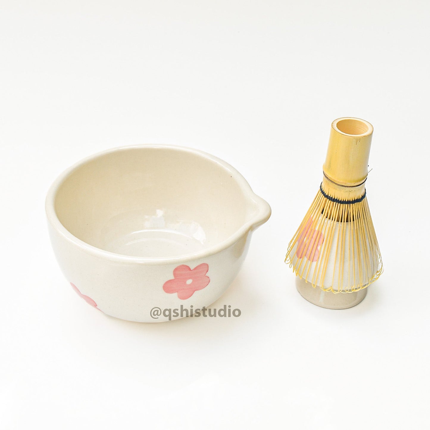 Whisk Holder | Ceramic Handcrafted Matcha Whisk Set | Pink Flower