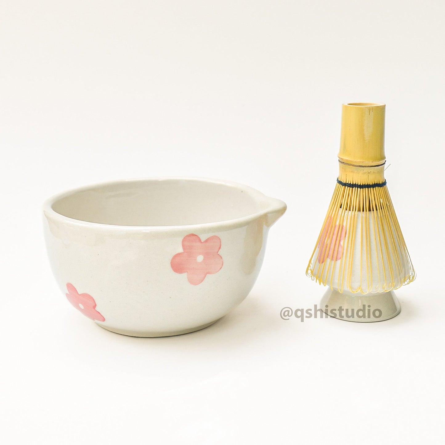 Whisk Holder | Ceramic Handcrafted Matcha Whisk Set | Pink Flower