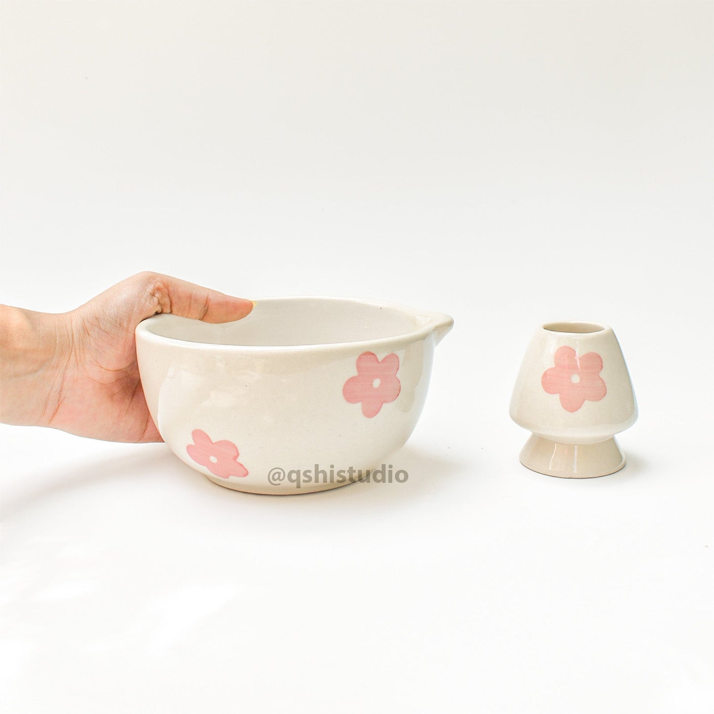 Whisk Holder | Ceramic Handcrafted Matcha Whisk Set | Pink Flower