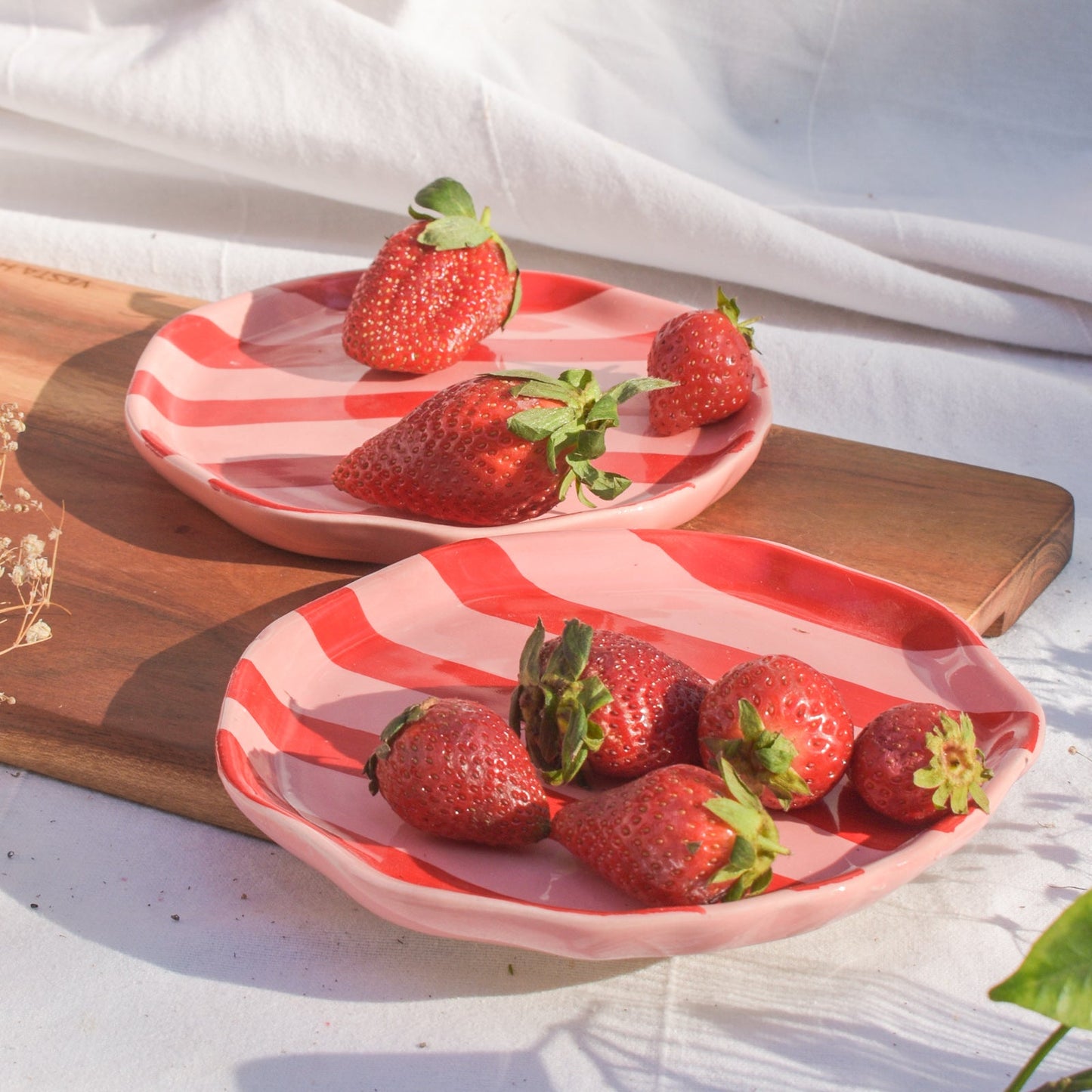 Serving Plate | Hand-finished Ceramic Red-Pink Striped | Set of 2