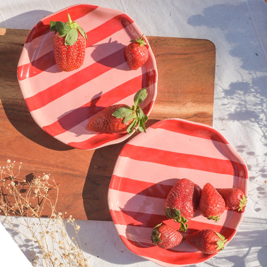 Serving Plate | Hand-finished Ceramic Red-Pink Striped | Set of 2
