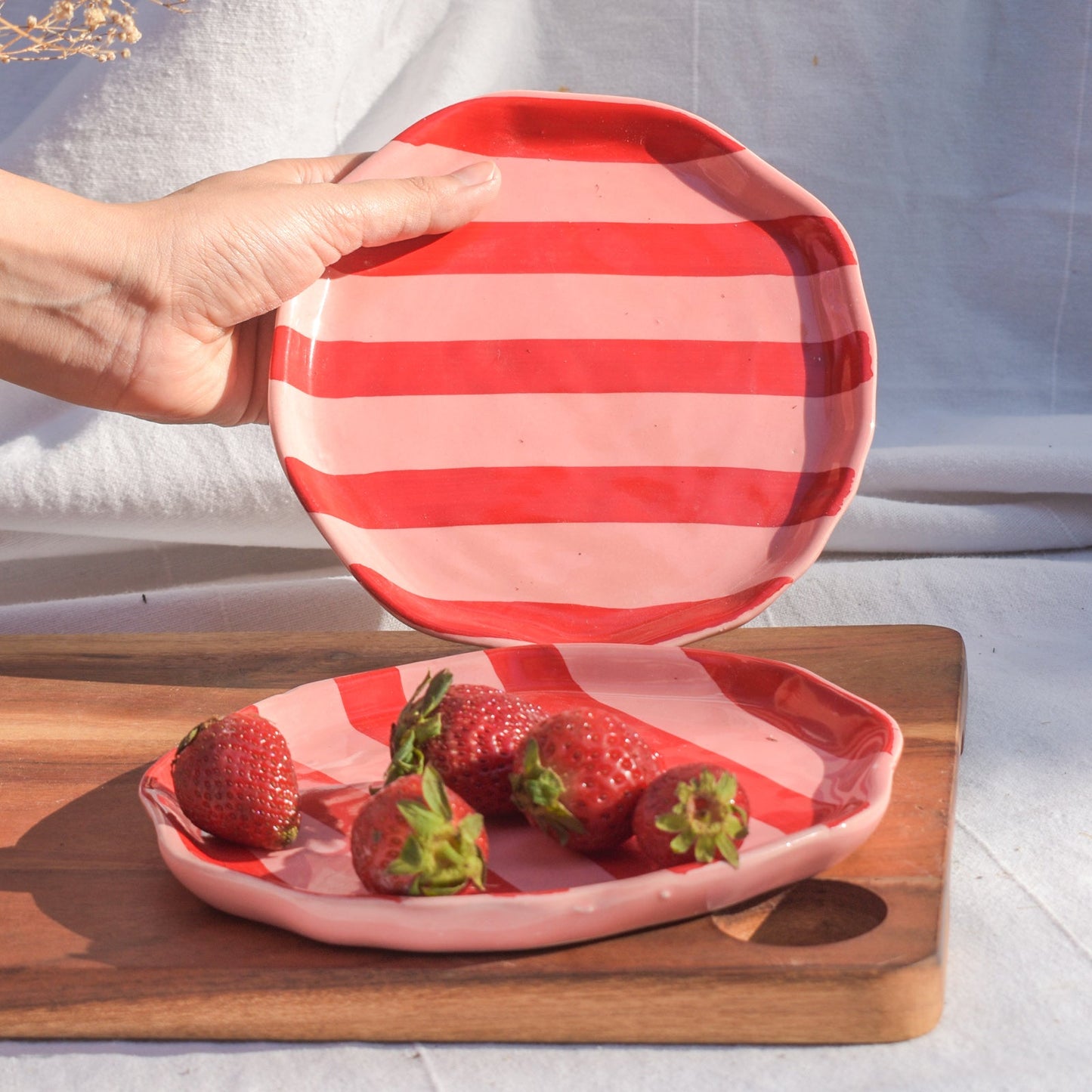 Serving Plate | Hand-finished Ceramic Red-Pink Striped | Set of 2
