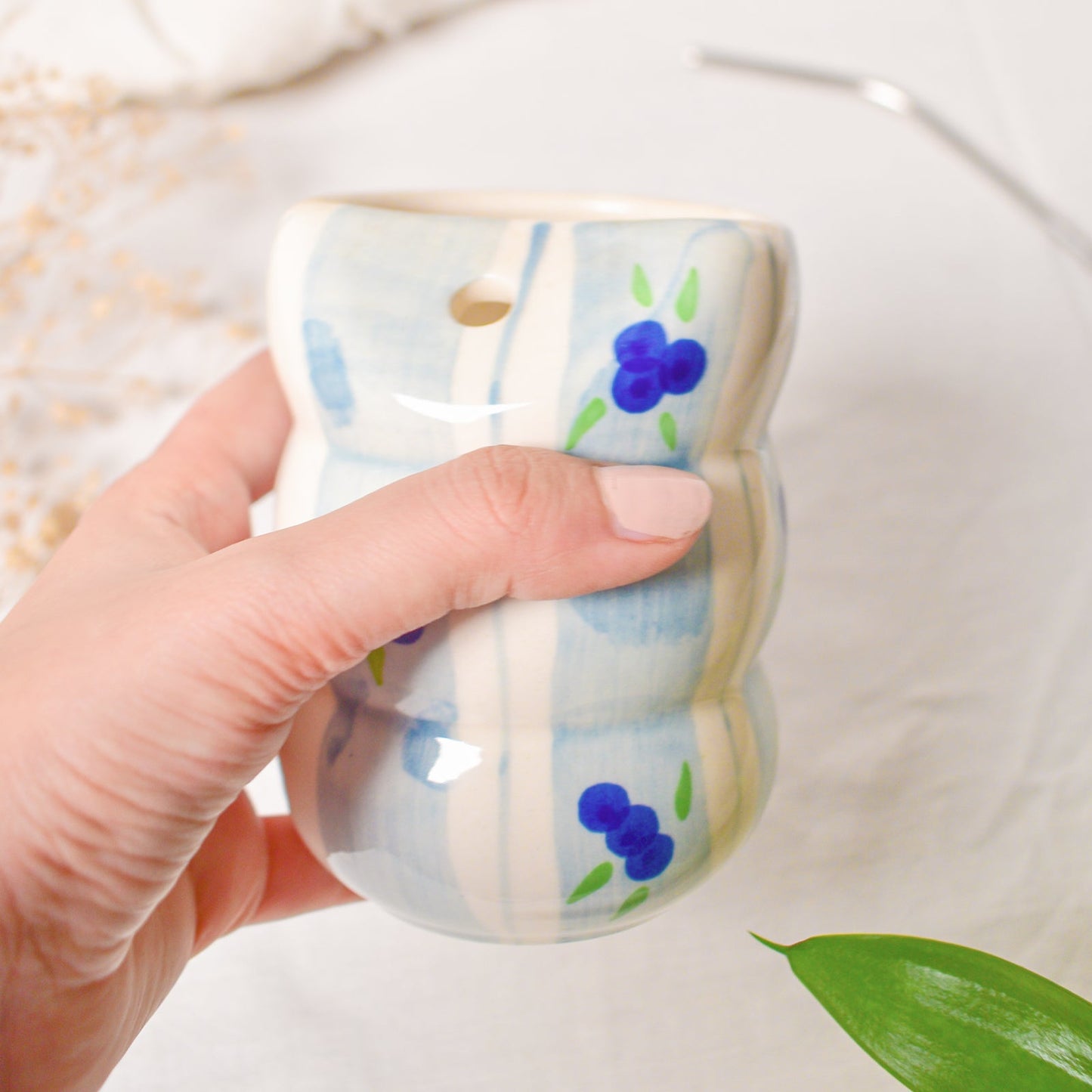 Tumbler | Ceramic Hand-painted With Straw | Blueberry