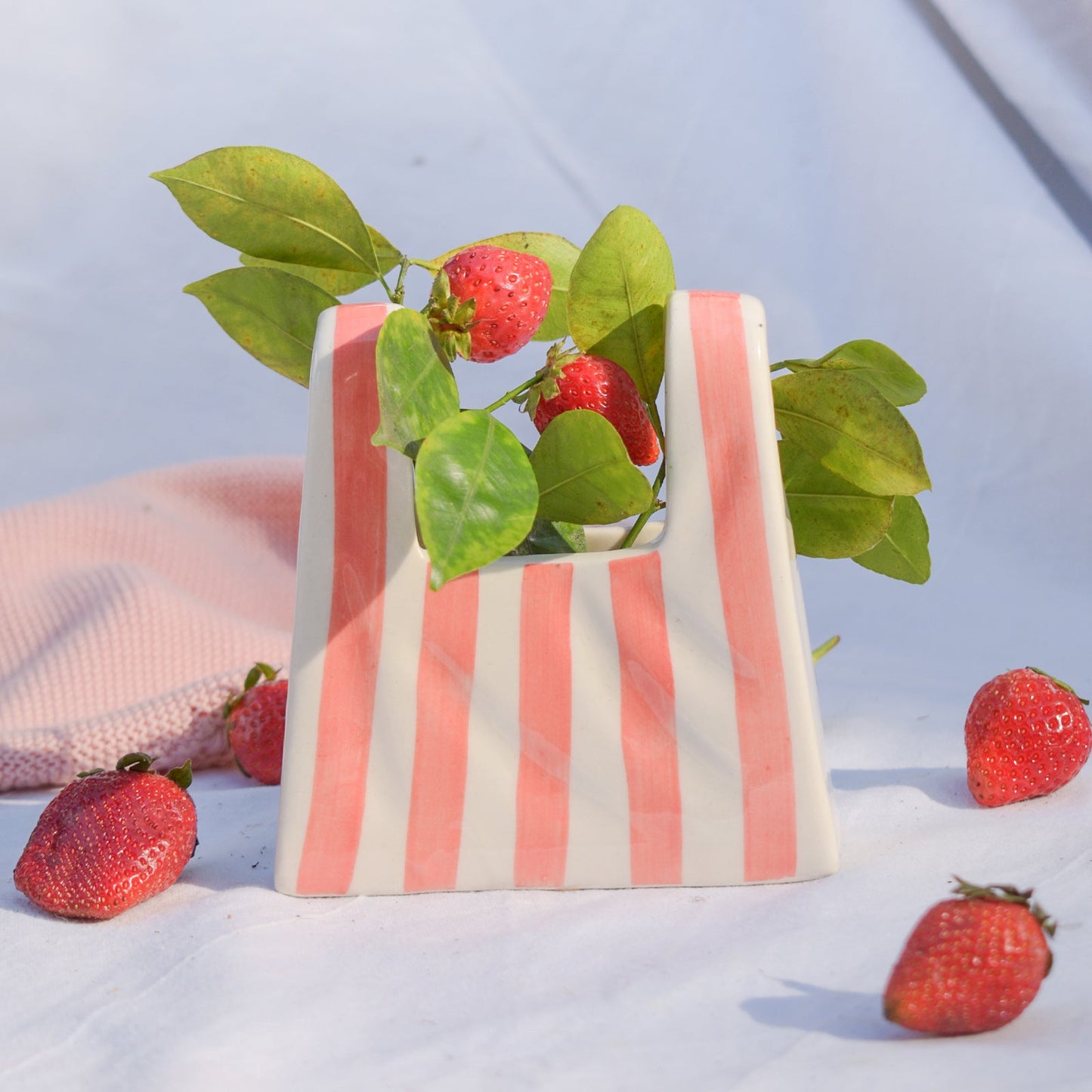Vase | Ceramic Bag Shape | Small, Pink Stripe