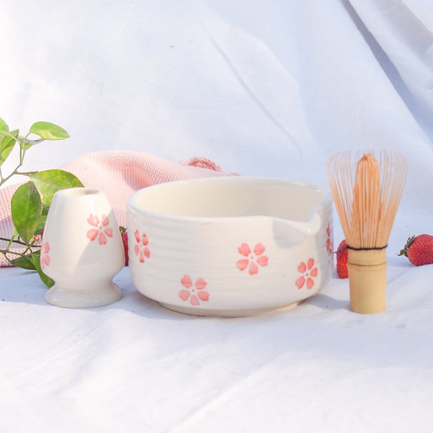 Serving Bowl | Ceramic Hand-painted Matcha Set | Cherry Blossom Set of 2