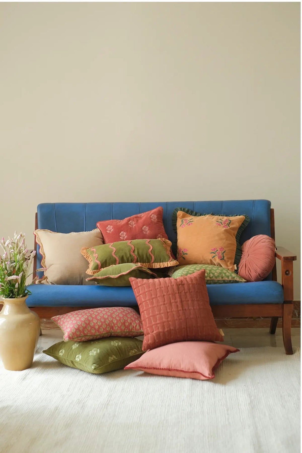 Twig Rhubarb Embroidered Velvet Cushion Cover SanctuaryLiving