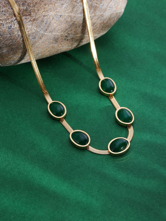 Gold-Plated Statement Necklace – Green Gemstone Inlay