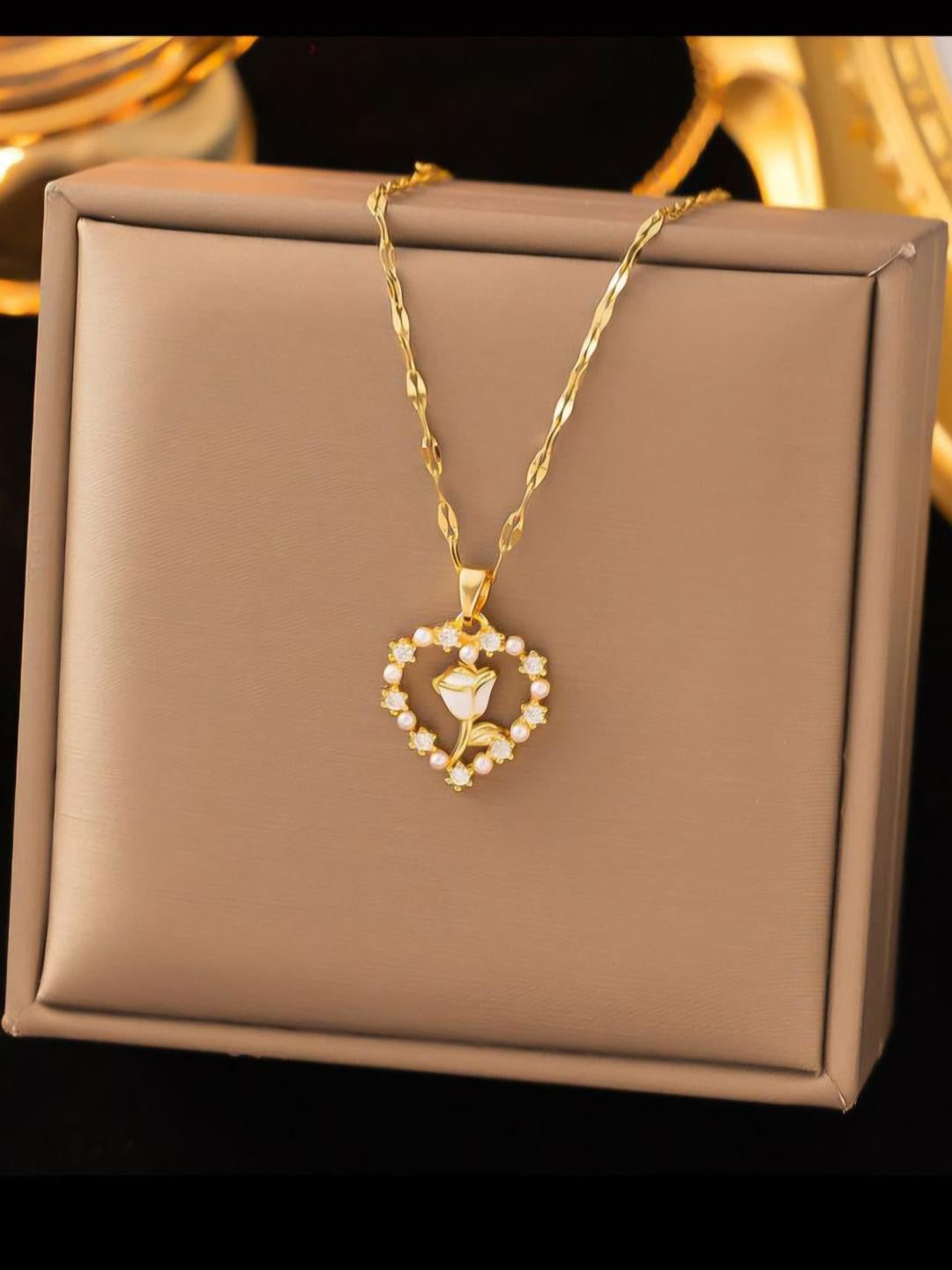 Gold-Plated Heart Pendant Necklace – Fashion Jewellery – Pearl & CZ – Rose Motif Design