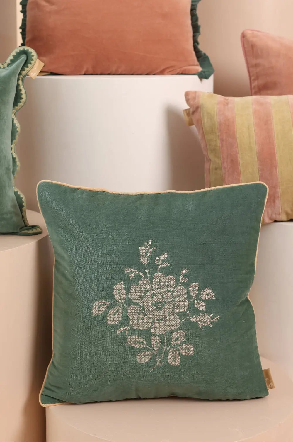 Camellia Eucalyptus Cross Stitch Cushion Cover SanctuaryLiving