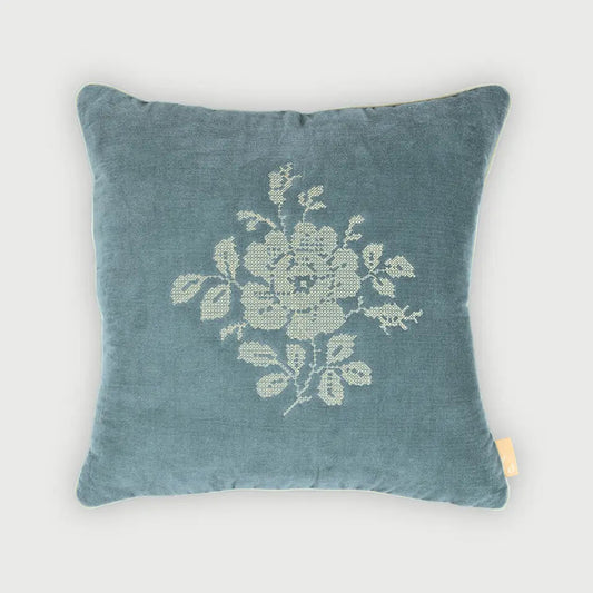 Camellia Teal Cross Stitch Cushion Cover SanctuaryLiving