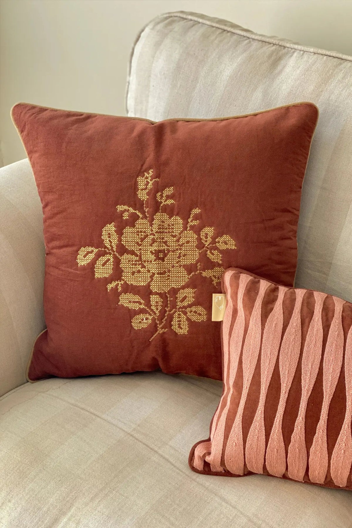 Camellia Rhubarb Cross Stitch Cushion Cover SanctuaryLiving