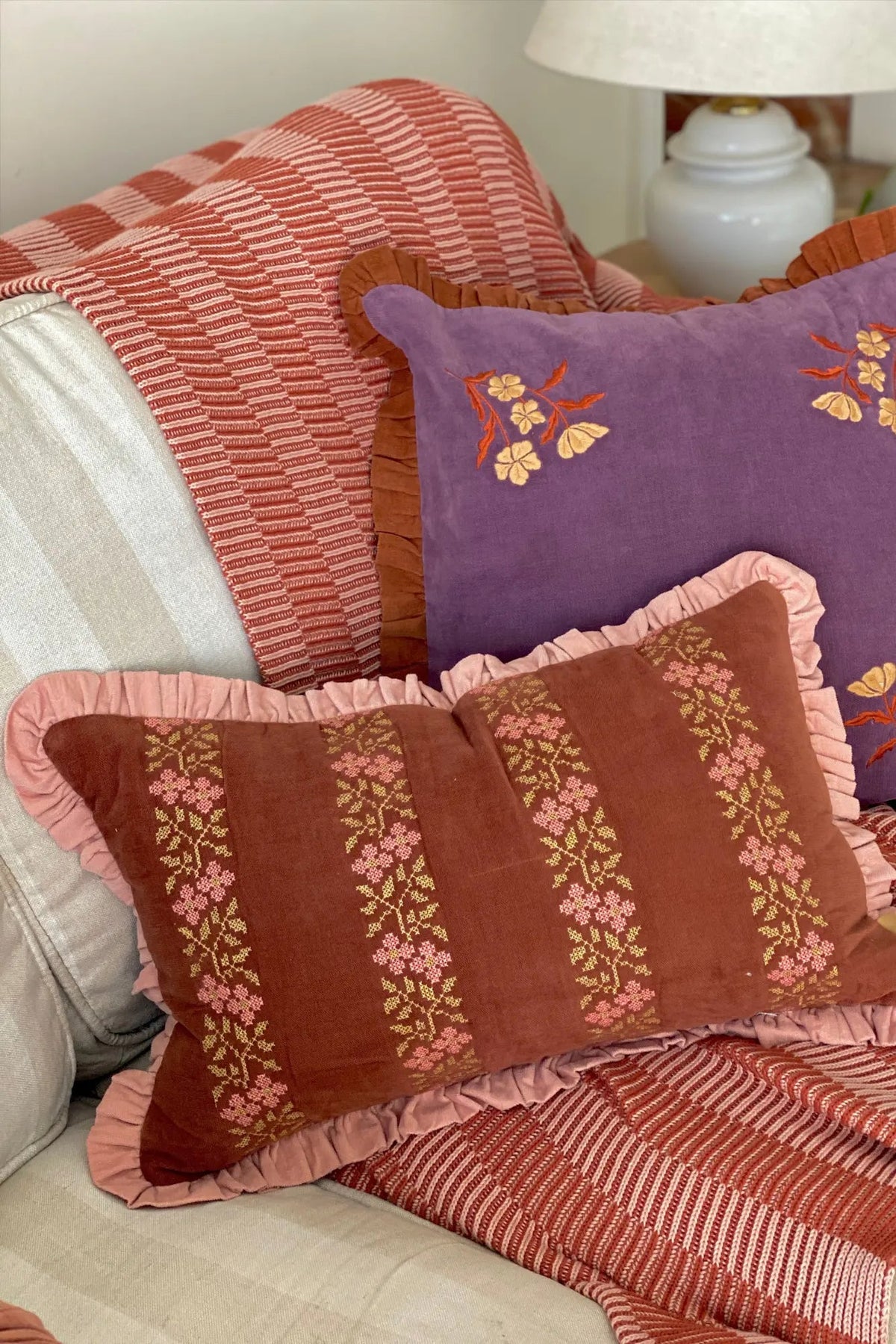 Heather Rhubarb Cross Stitch Oblong Cushion Cover SanctuaryLiving