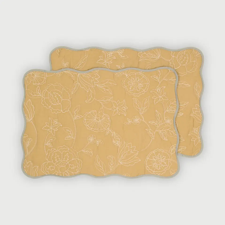 Rosabelle Chintz Ochre Scallop Mats-Set of 2 SanctuaryLiving