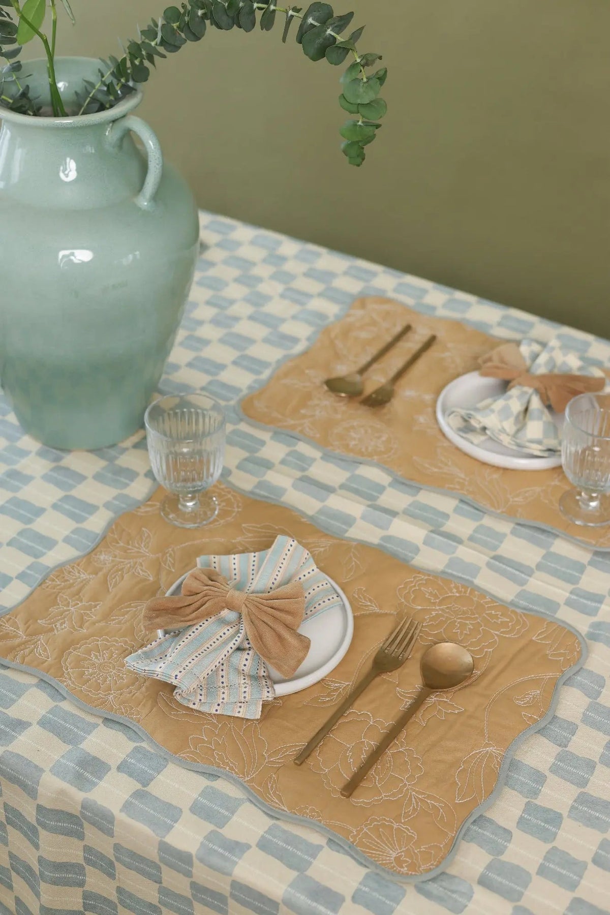Rosabelle Chintz Ochre Scallop Mats-Set of 2 SanctuaryLiving