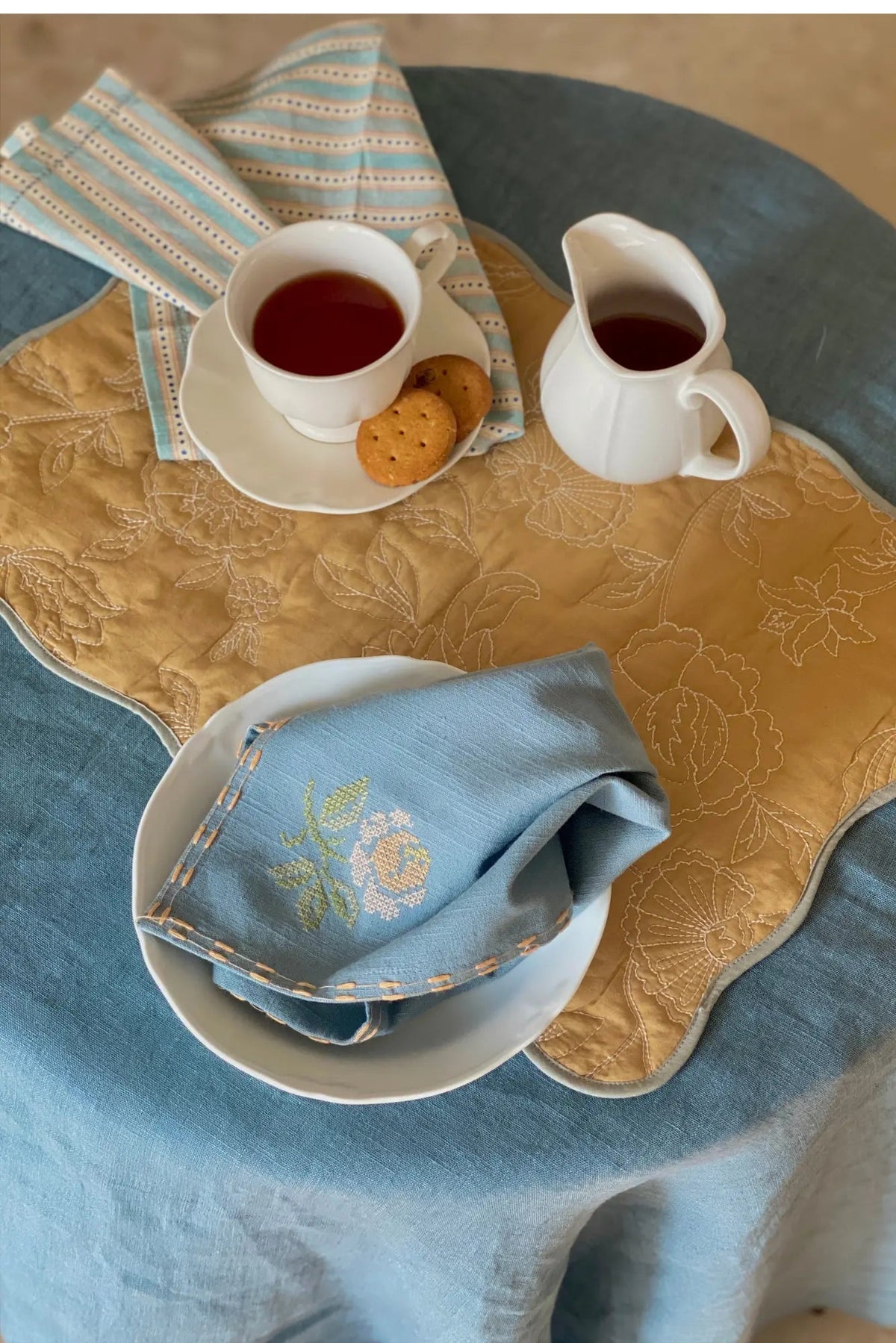 Rosabelle Chintz Ochre Scallop Mats-Set of 2 SanctuaryLiving