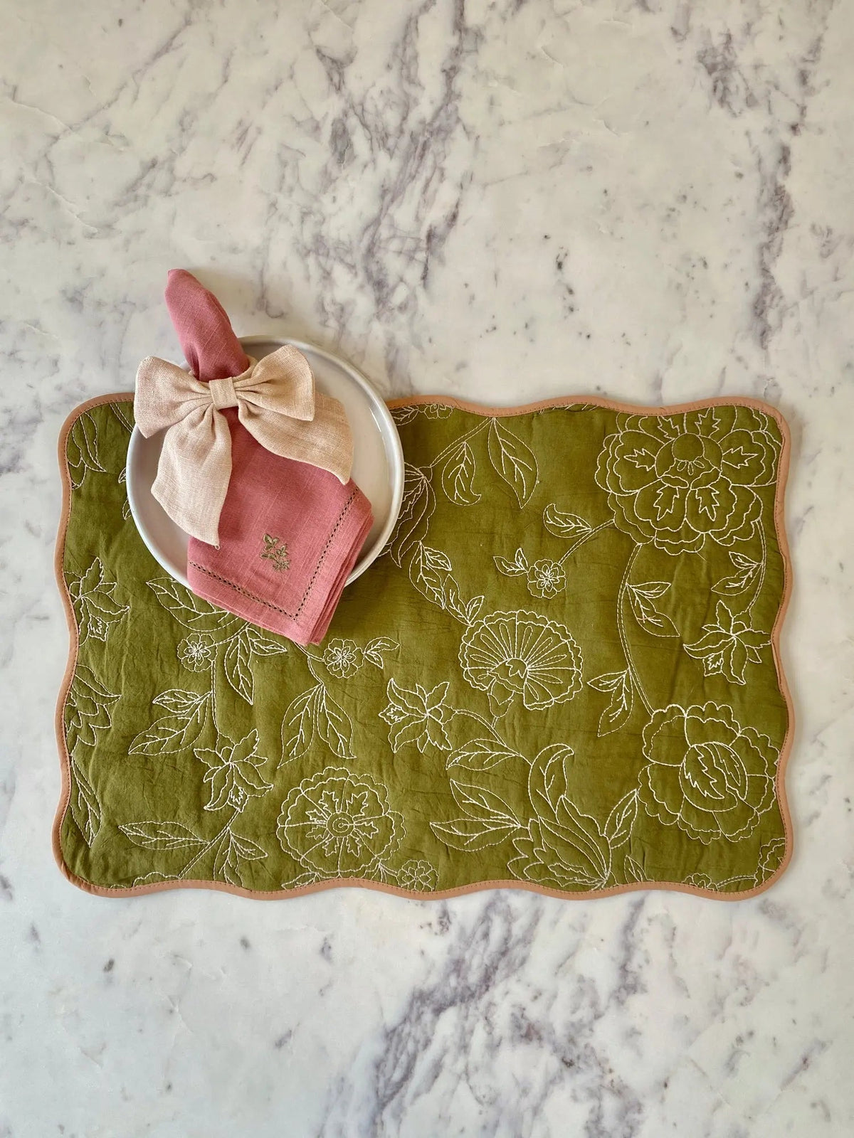 Rosabelle Chintz Olive Scallop Mats-Set of 2 SanctuaryLiving