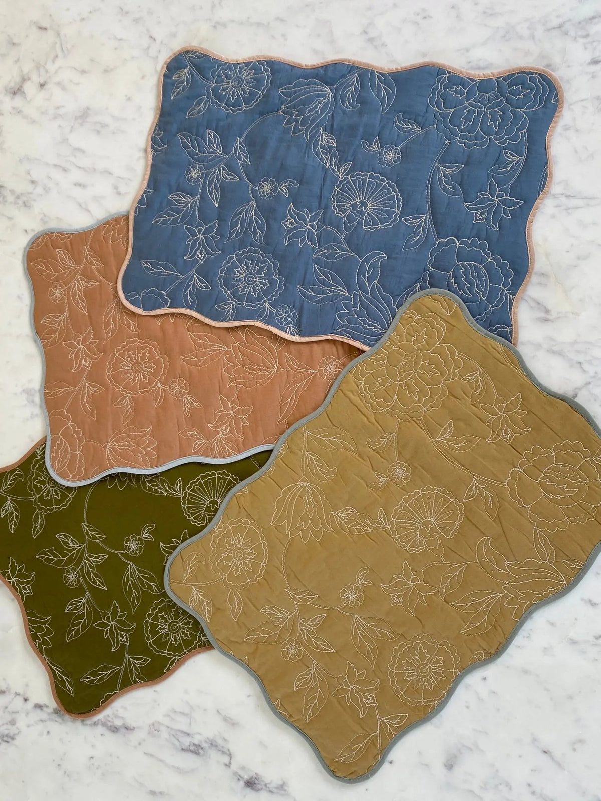 Rosabelle Chintz Olive Scallop Mats-Set of 2 SanctuaryLiving