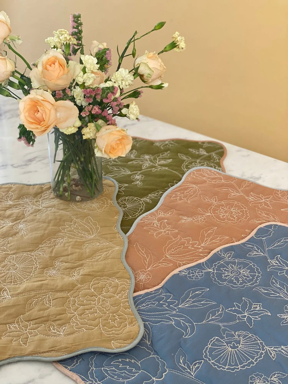 Rosabelle Chintz Olive Scallop Mats-Set of 2 SanctuaryLiving