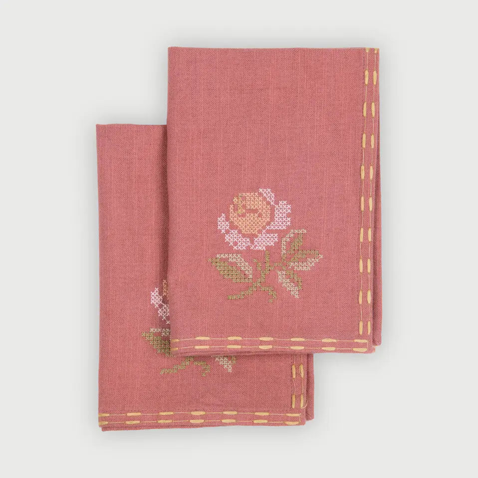Florette Raspberry Cross Stitch Napkins-Set of 2 SanctuaryLiving