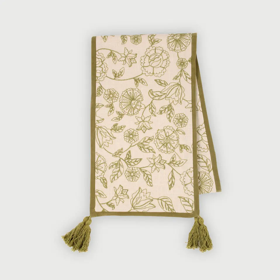 Rosabelle Chintz Olive Table Runner SanctuaryLiving