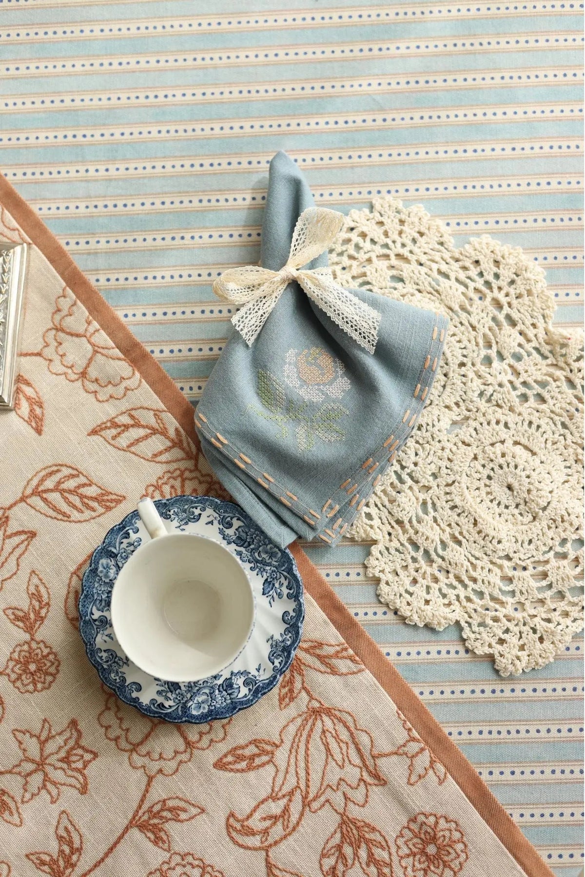 Table Napkin | Florette Soft Blue Cross Stitch Napkins-Set of 2