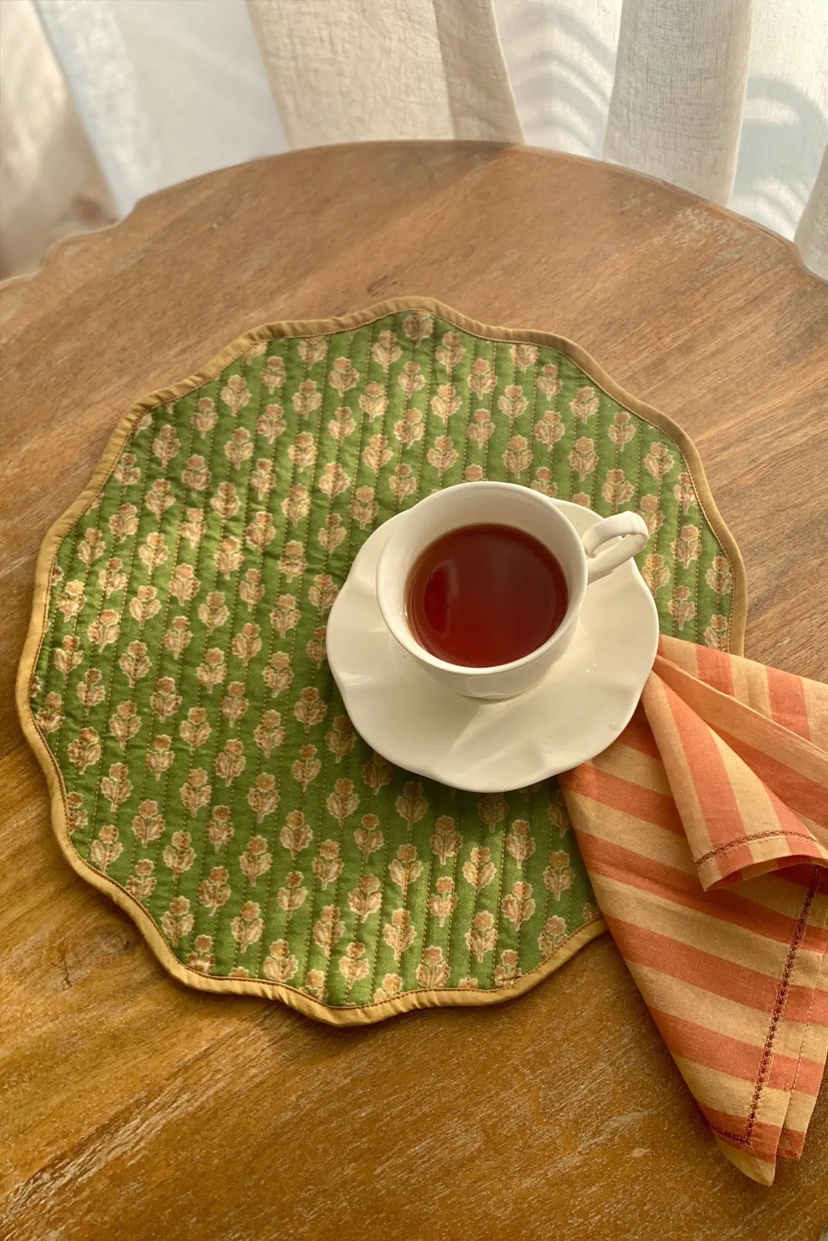 Table Mat | Viola Scallop Forest Green Quilted Round Table Mats-Set of 2 by Sanctuary Living