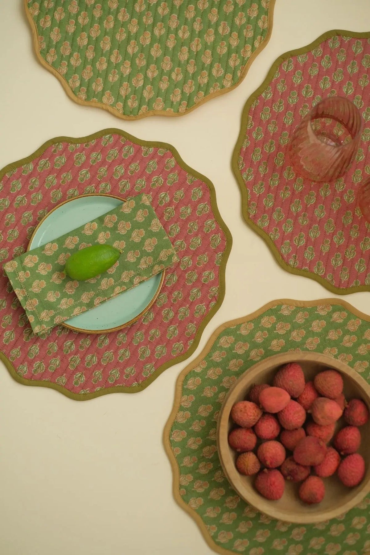 Table Mat | Viola Scallop Carmine Quilted Round Table Mats-Set of 2 by Sanctuary Living
