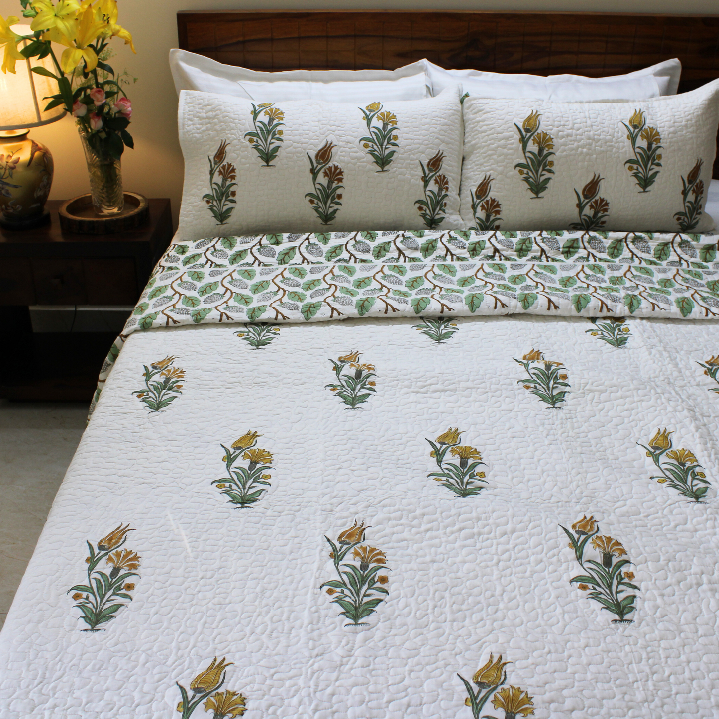 Bedsheet | Handblock Cotton Quilted | 3 Pc Set