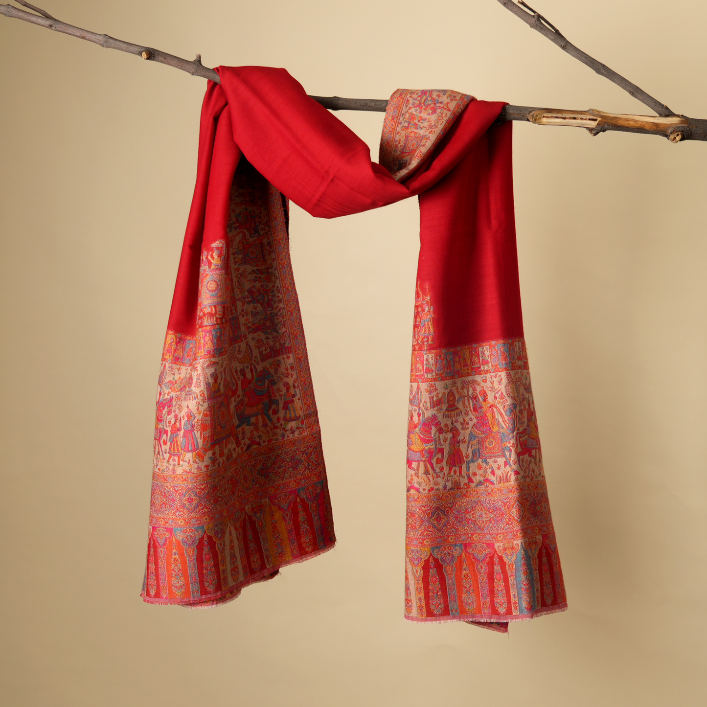 Scarf | Merino Wool 4-Side Border | Red