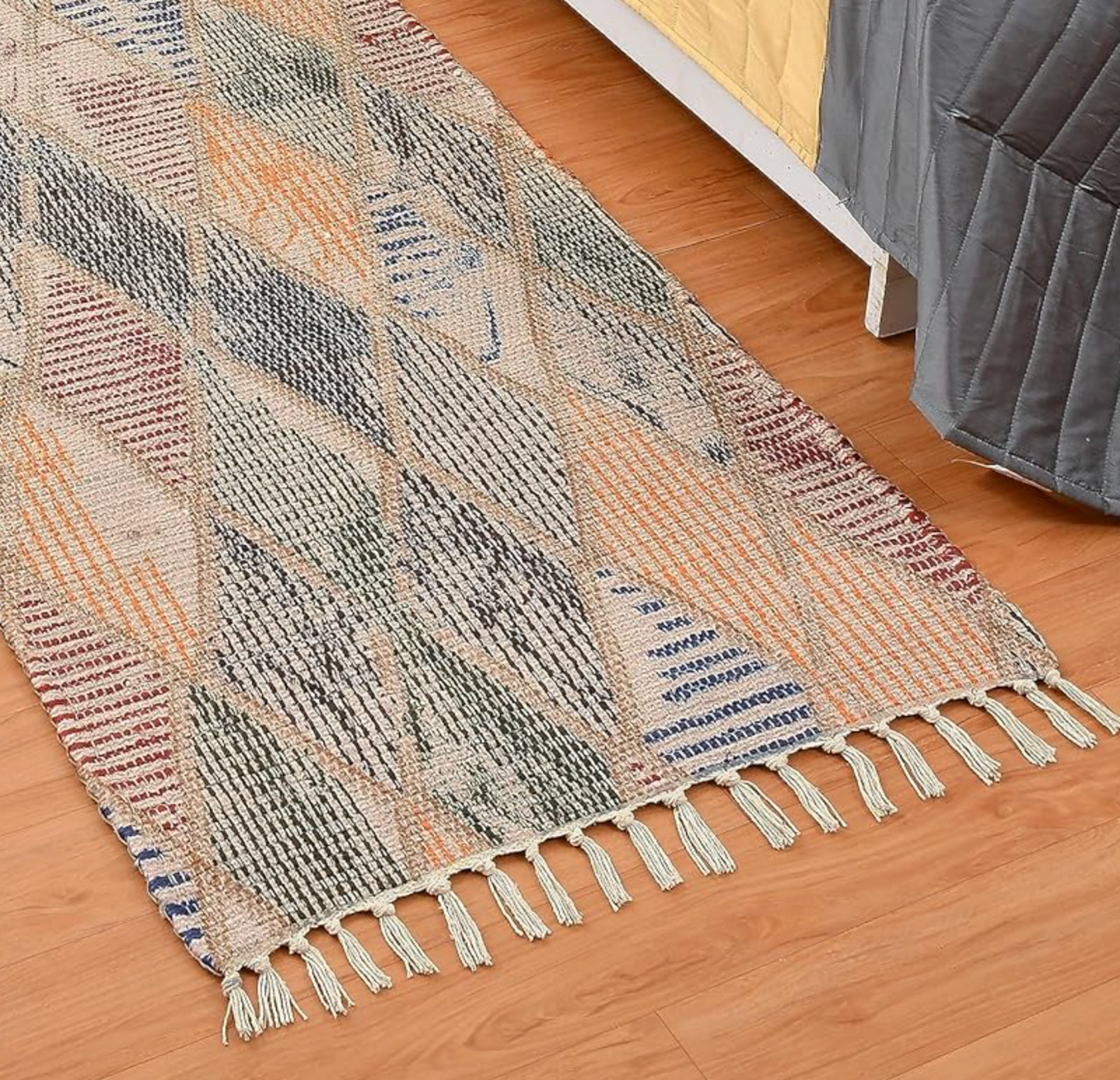 Handmade Sustainable Printed Modern Dhurrie Rug (2x5 ft) Upcycled Fabric | Living Room Bedside Runner Home Decor