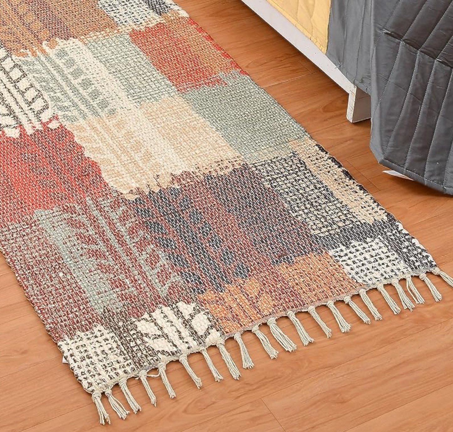Handmade Sustainable Modern Upcycled Printed Fabric Dhurrie Rug 2x5 ft | Living Room Bedside Decor Eco-friendly