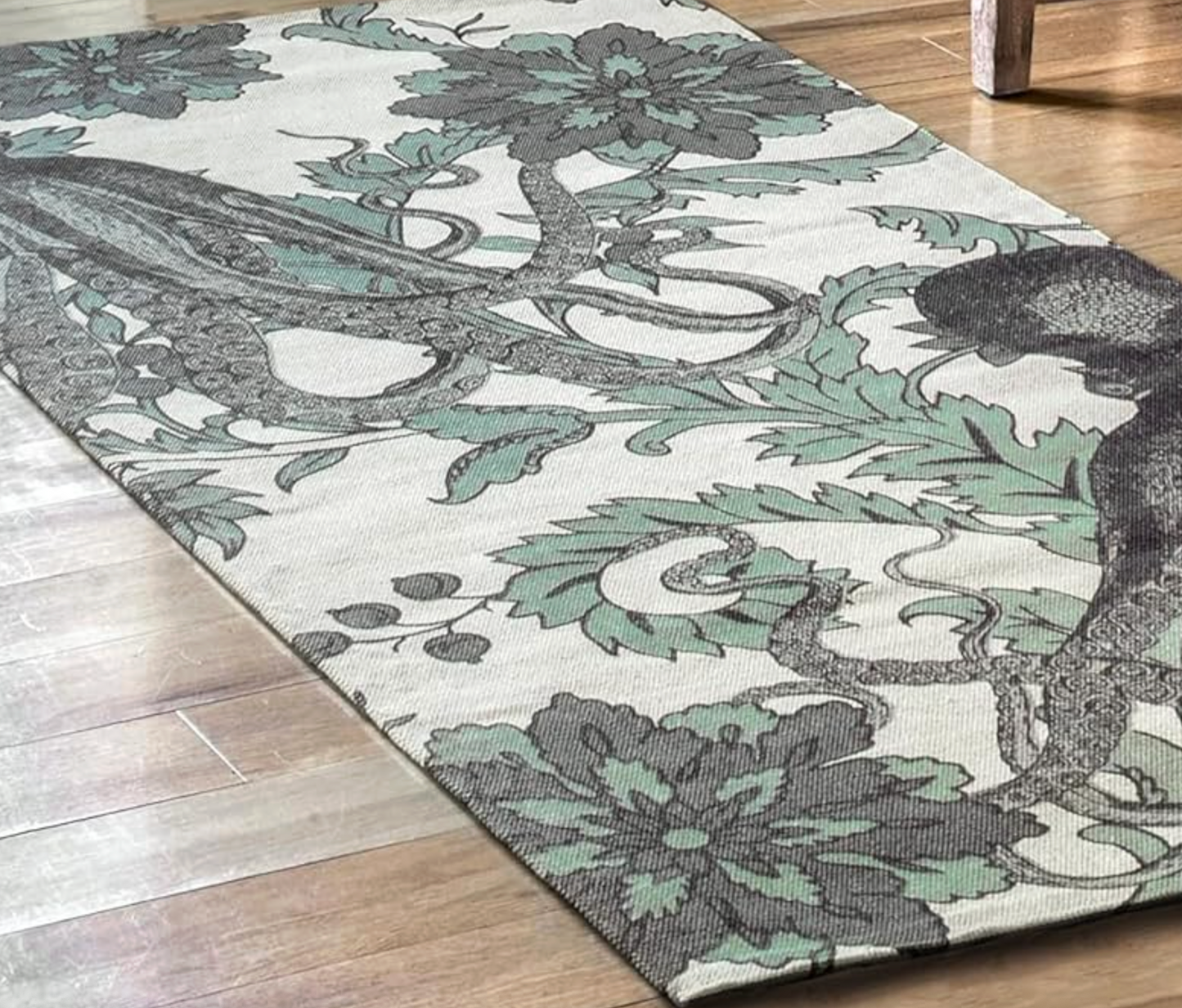 Hand Woven Modern 100% Cotton Green Octopus Rug, Bedside Runner 2x5 ft | Washable Home Carpet, Eco-Friendly Floor Mat