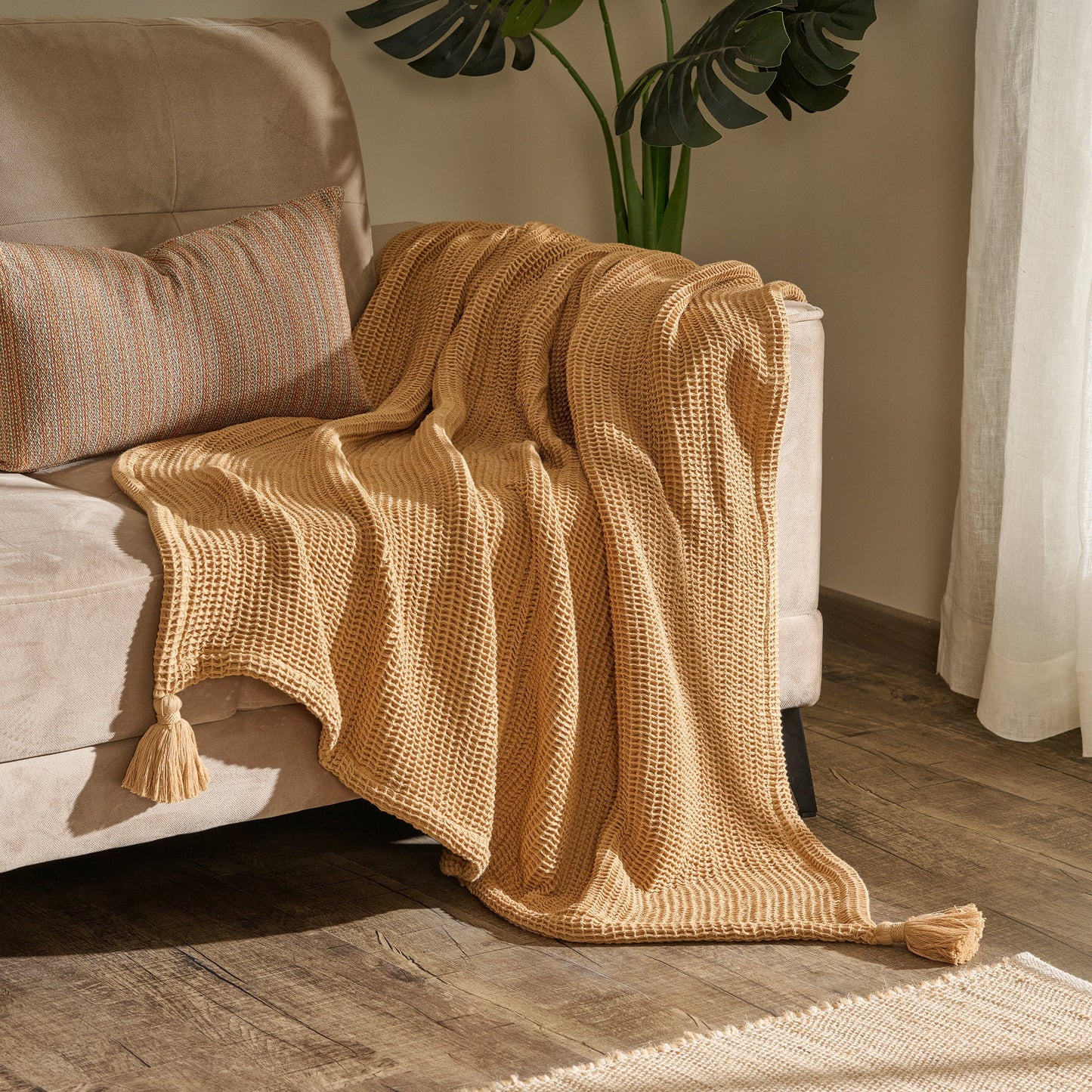 Throw Blanket | Cotton Waffle Thick Tassels | Sea Sponge