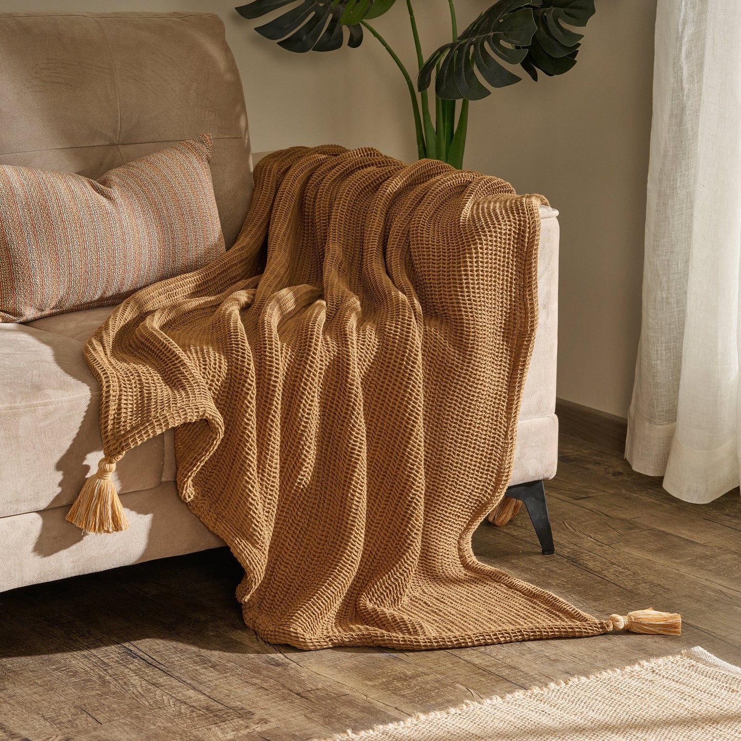 Throw Blanket | Cotton Waffle Thick Tassels | Sea Sponge