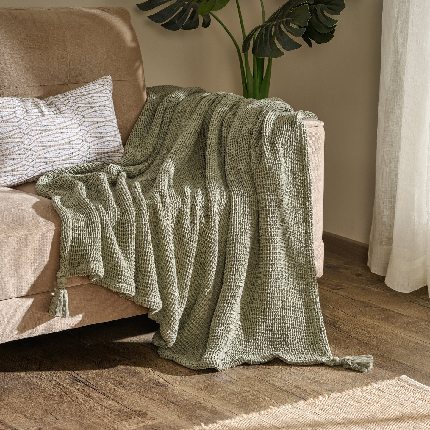 Throw Blanket | Cotton Waffle Thick Tassels | Sea Sponge