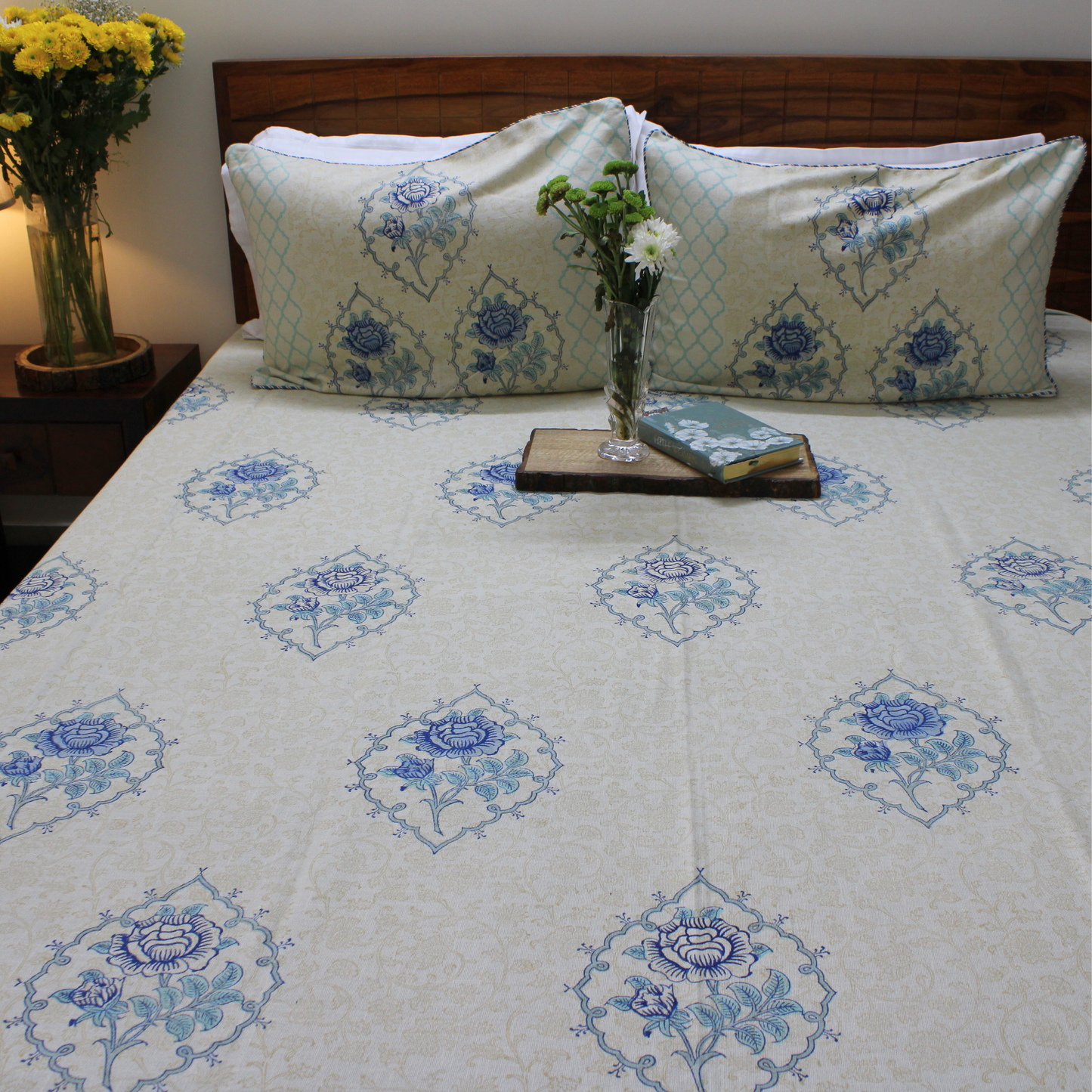 Bedsheet | Handblock Cotton Slub Lotus Garden | Set of 3