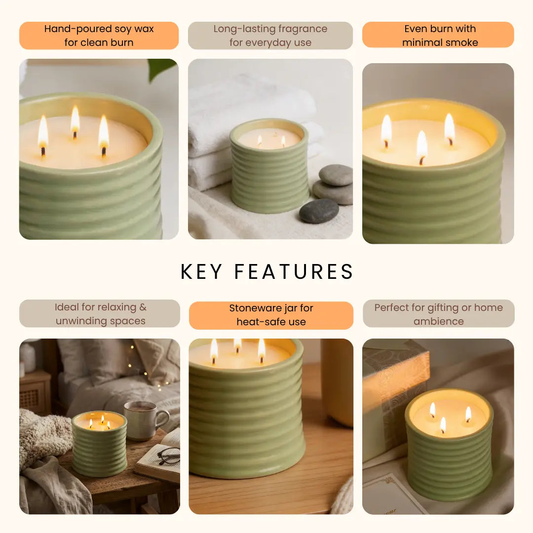 Stoneware Scented Candle 500g – Cool Water & Orchid Fragrance | Luxury 3-wick Long-Lasting Home Aroma Candle in Gift Box