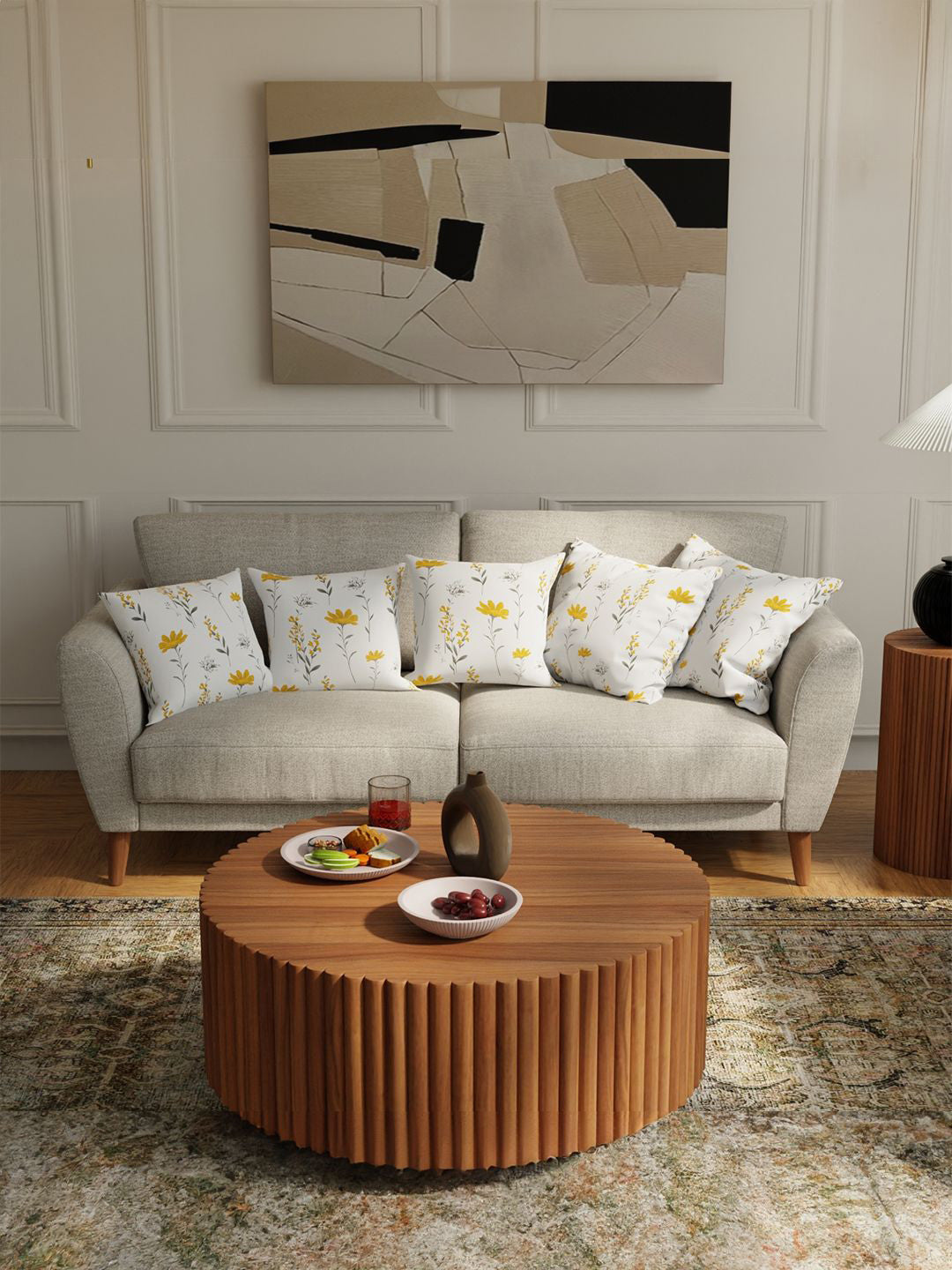 Yellow Floral Cotton – Cushion Covers – Breathable Square – 5-Piece Set – 40x40cm