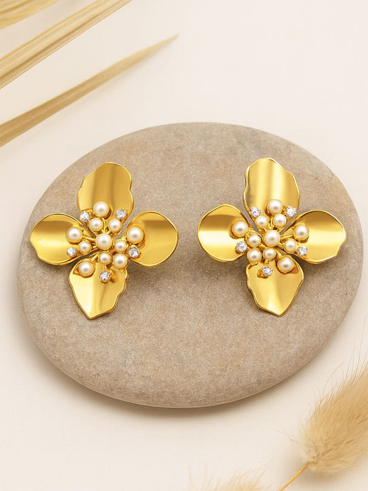 Flower Embellished Studs – Stud Earrings – Gold-Plated Alloy, Faux Stone & Pearl
