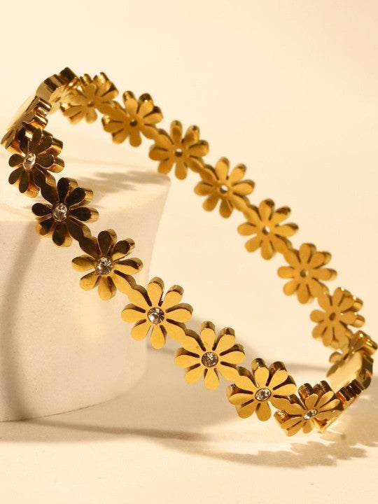 Floral Motif Bangle – Tarnish-Resistant Gilded Finish