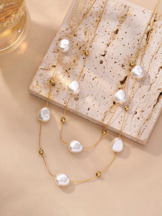 Pearl-Accented Multi-Strand Necklace – Gold-Plated Stainless Steel