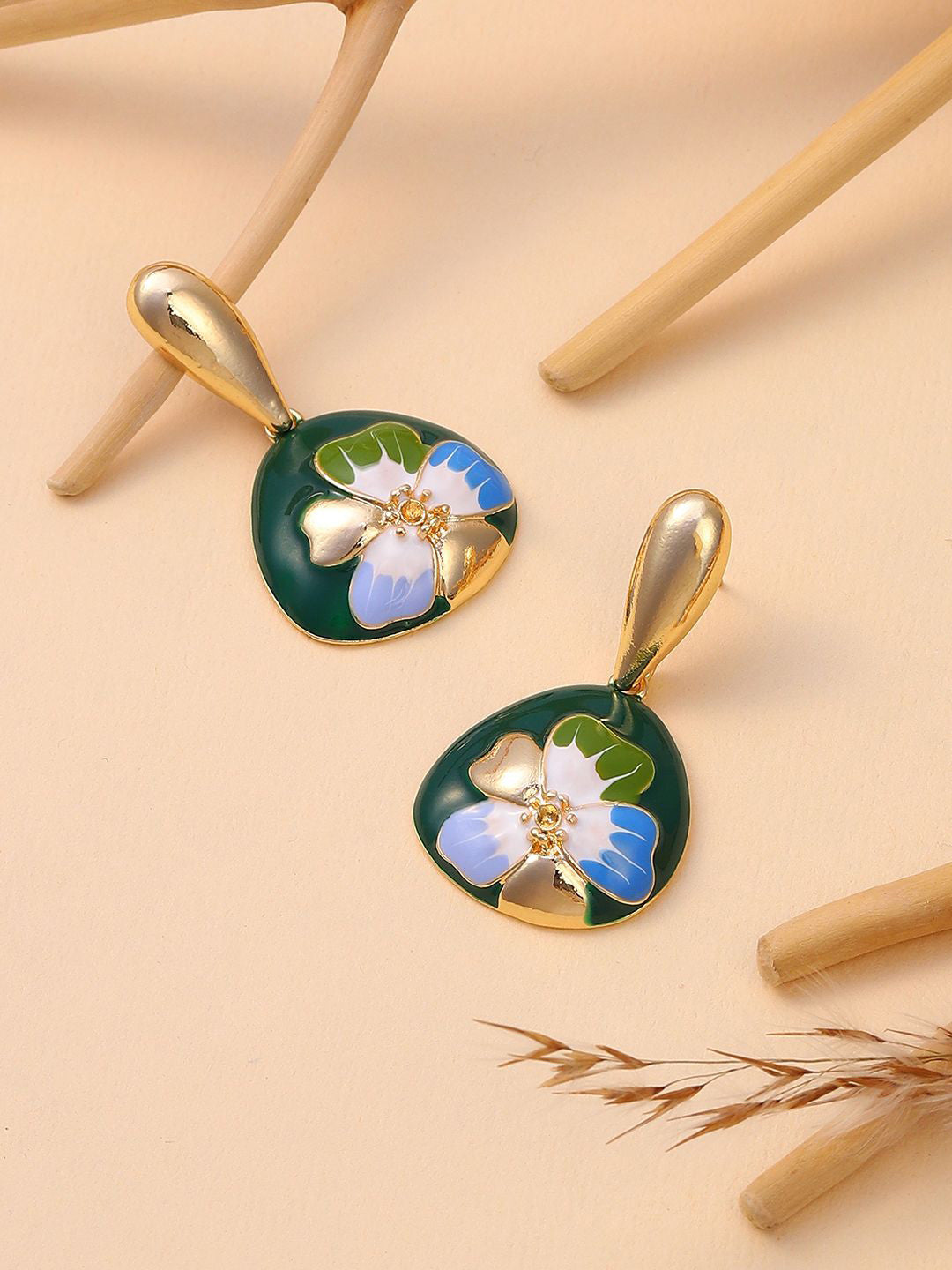 Gold-Plated Contemporary Hana Drop Earrings – Fashion Jewellery – Green & Blue – 2.5cm Length