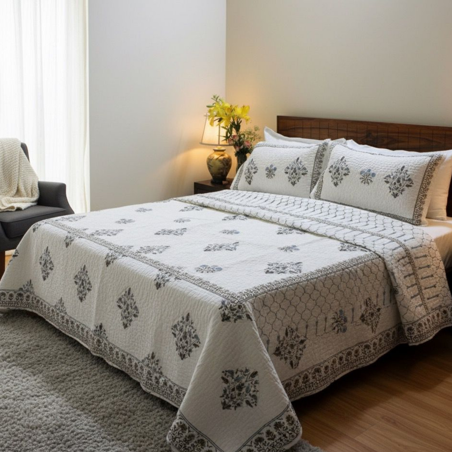 Bedsheet | Handblock Cotton Quilted | Set of 1 + 2 Pillow Covers