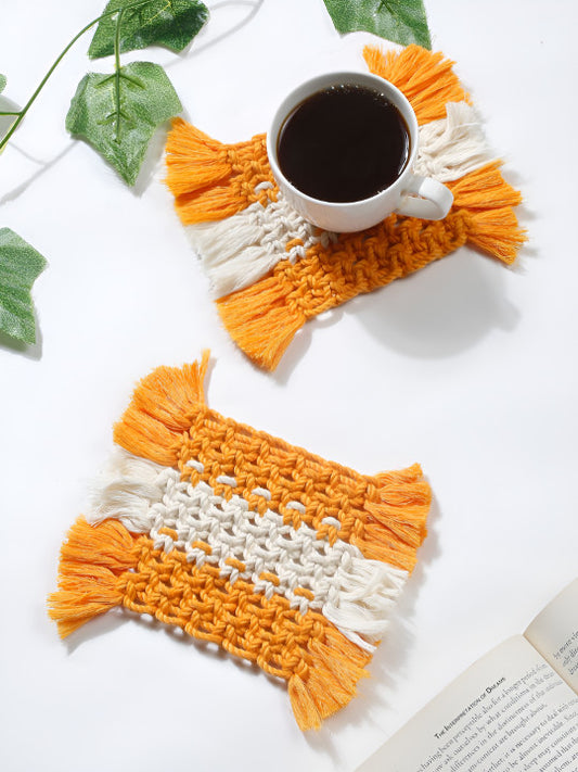 Yellow Macrame Coaster Set – Handcrafted Cotton Woven - 2pc