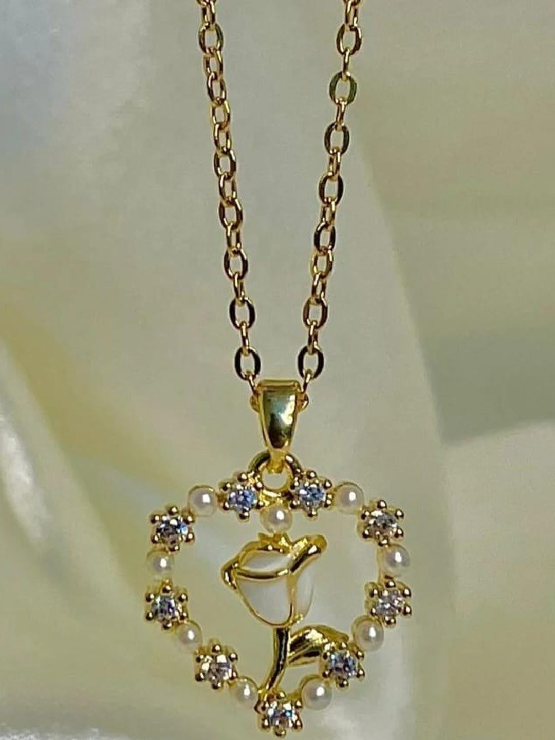 Gold-Plated Heart Pendant Necklace – Fashion Jewellery – Pearl & CZ – Rose Motif Design