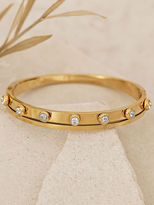 Gold-Plated Studded Bangle Bracelet – Fashion Accessory – Alloy & Artificial Stones – 6.3x5.8cm