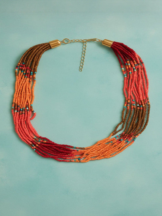 Multi-Strand Layered Necklace with Decorative Beads – Red & Orange Tones
