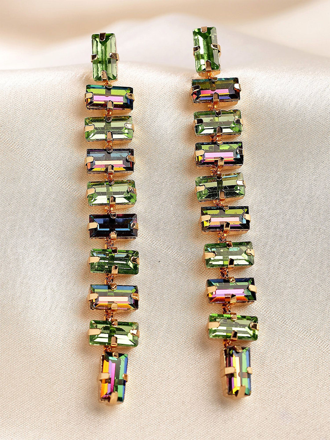 Gold Plated Rhinestone Studded Drop Earrings – Rectangular Shape – Green Accents – 8cm Length